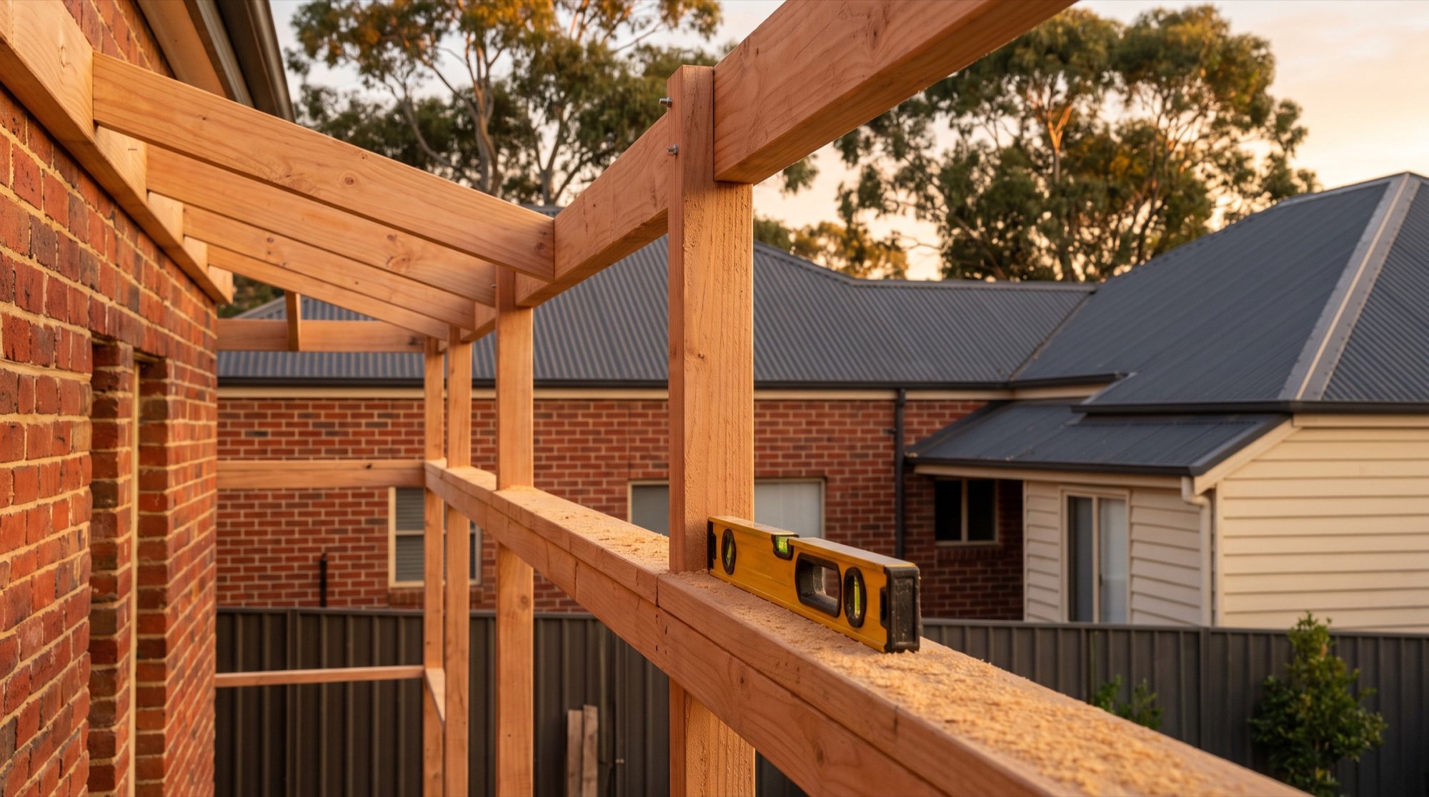 New timber pergola framing bolted to a brick wall with a spirit level resting on it