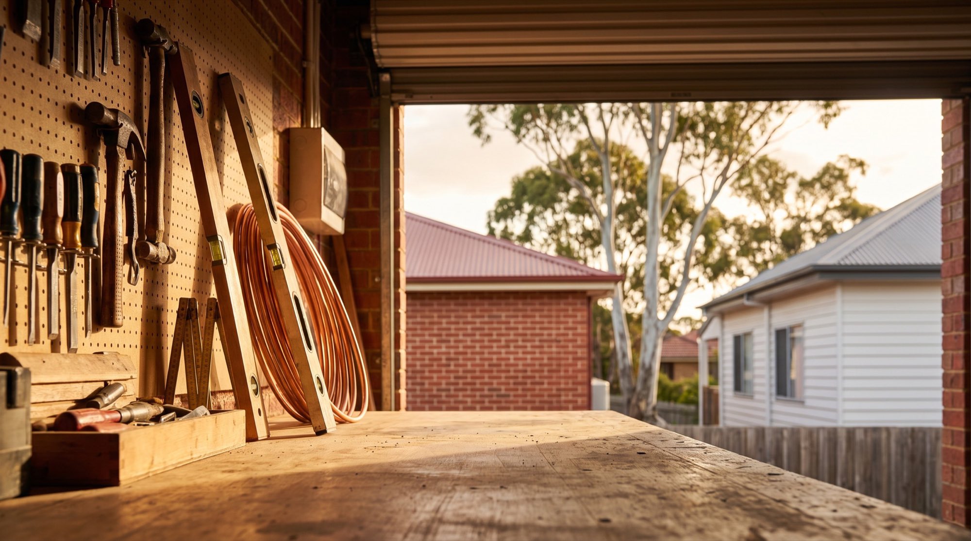 A wall of hand tools on a pegboard beside an open carport looking out to brick homes