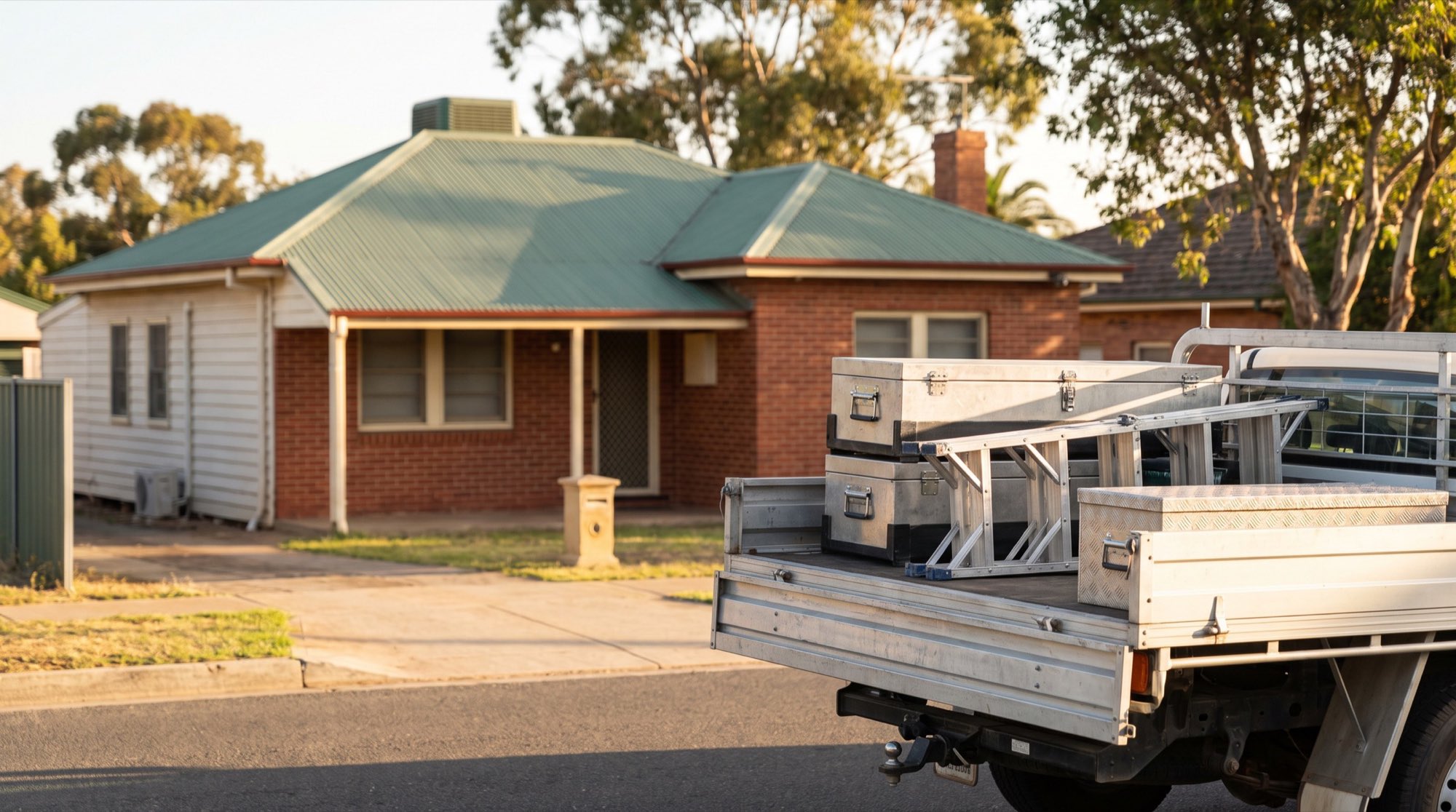 A ute tray with a ladder rack parked in front of a lowset brick and weatherboard home