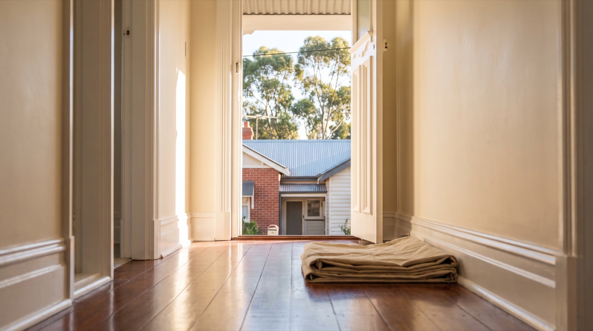 A hallway with polished timber floors and an open doorway to a sunlit yard