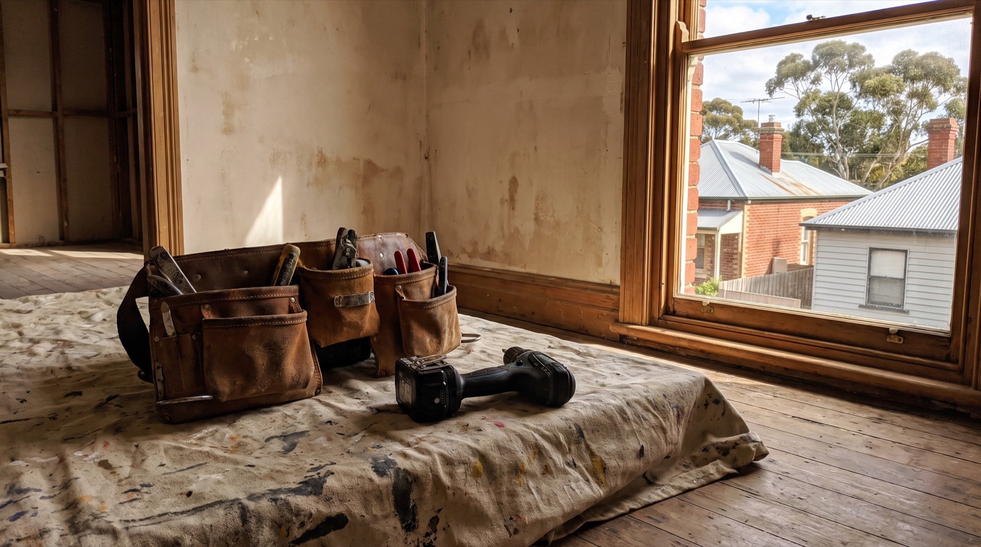 A leather tool bag and cordless drill on a drop sheet beside a window