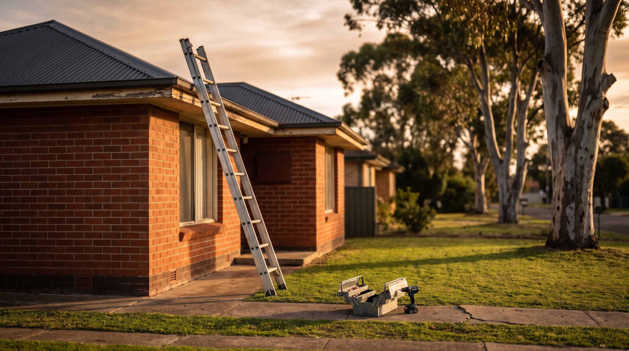 A ladder leaning against a brick home with a toolbox on the path and gum trees behind