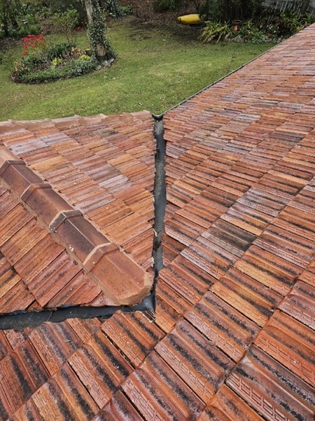 A terracotta tiled roof with a ridge line above a green lawn